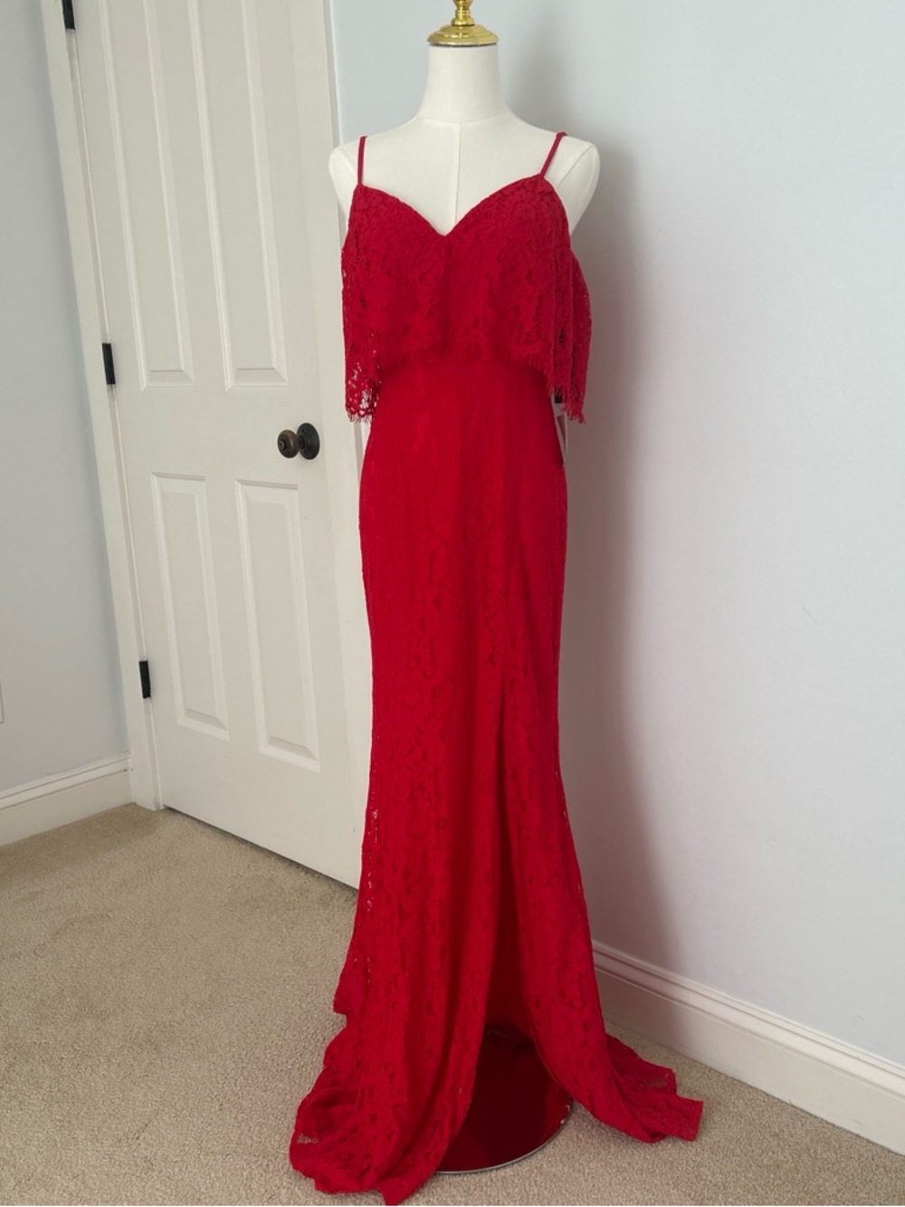 Lulu's Red Lace Maxi Dress with Spaghetti Straps